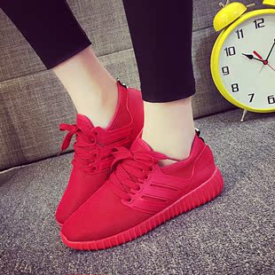 秋季红色运动鞋女韩版ulzzang舒适跑步鞋 学生系带透气百搭休闲鞋