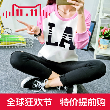 2015韩版秋季拼色卫衣女新款长袖套头大码学生上衣显瘦糖果色T恤