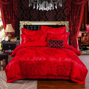 贡缎提花婚庆四件套全棉床上用品纯棉被套床单结婚床上大红色床品