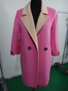 2014秋冬季新款女中长款粉色拼色手工双面羊绒大衣羊毛大衣外套