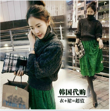2015秋冬新款韩版女装宽松加厚高领套头毛衣蕾丝连衣裙套装