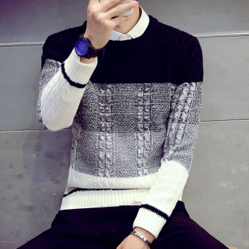 2015冬季男装圆领毛线衫 男潮韩版针织衫撞色加厚修身套头毛衣