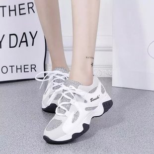 韩版最新款平底坡跟时尚舒适休闲旅游鞋亮片女鞋系带浅口鞋百搭风