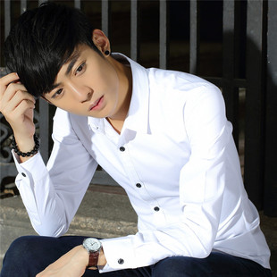 秋季韩版男士纯色长袖衬衫修身青年潮流时尚衬衣男装商务休闲上衣