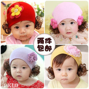 婴儿毛线帽子 秋冬季宝宝花朵假发帽女儿童套头帽保暖护耳针织帽