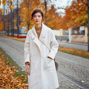 2015冬新款韩版气质A型羊圈绒白色加厚呢子大衣中长款毛呢外套女