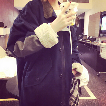 2015秋冬装新款韩版女装时尚宽松中长款羊羔毛内里保暖棉服大衣