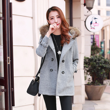 2015冬季新款韩版修身双排扣长袖毛呢外套女装