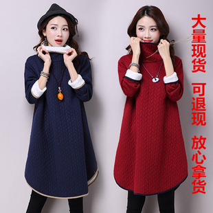 两色2016冬季韩版大码女装中长款111加厚打底裙修身羊羔毛连衣裙