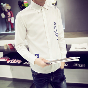 韩版修身潮男长袖衬衫2015秋季新款日系青年休闲寸衣字母印花衬衣