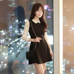 2015秋冬新款韩版女装时尚长袖连衣裙修身显瘦中裙甜美假两件套裙