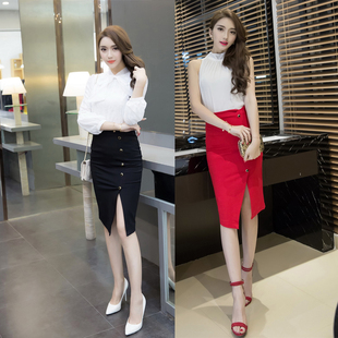2016秋新款韩版女装半身裙修身高腰开叉中长裙一排扣包臀裙
