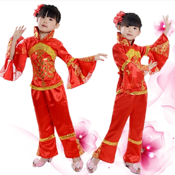 新款儿童秧歌舞演出服女童民族喜庆舞蹈服装少儿中国结表演服饰红