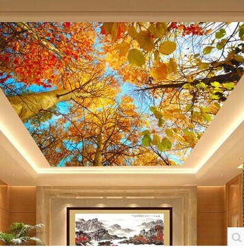 3d田园天顶金色叶子 天花板吊顶壁纸大型壁画墙纸壁画无纺布客厅