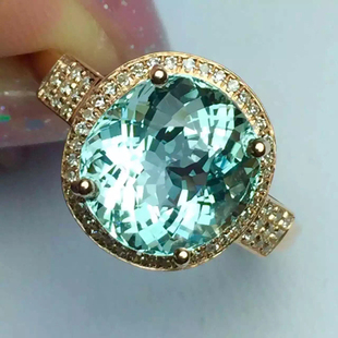 珠宝彩色宝石戒指 18K天然海蓝宝戒指绿碧玺钻石镶嵌玫瑰金指环