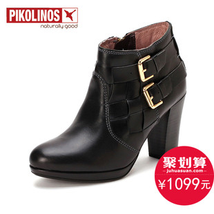 Pikolinos派高雁秋款女短靴头层牛皮粗跟时装靴PA43901