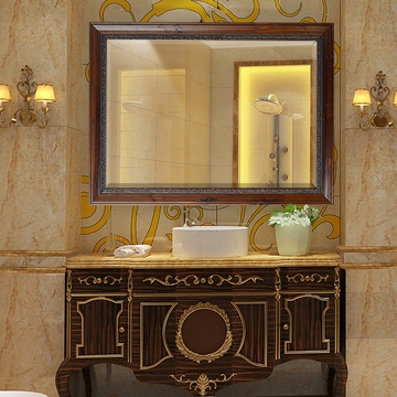 新款实木仿古木色浴室镜化妆镜美式浴室镜欧式卫生间镜中式浴室镜