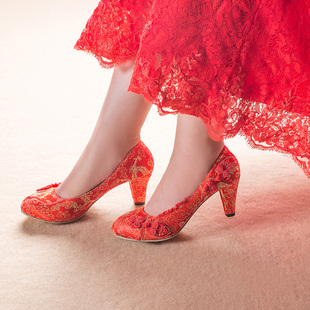 雅艺坊新款中式婚礼传统新娘鞋复古红色高跟古装龙凤牡丹绣花鞋女