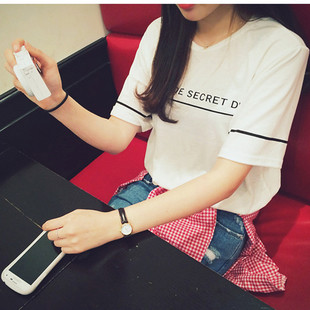 韩国bf原宿风简约短袖t恤女夏装学生宽松字母印花黑白半袖上衣潮