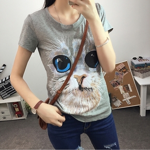 新款韩版短袖女装上衣大脸猫卡通印花修身显瘦圆领女士T恤