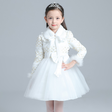 2015冬儿童演出晚礼服裙加厚女童长袖蓬蓬公主裙连衣裙韩国白红色