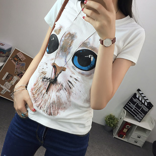 夏季短袖女装上衣新款韩版大脸猫卡通印花修身显瘦圆领女士T恤