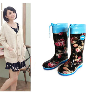 时尚高筒雨鞋雨靴女 春秋成人韩国平底平跟水鞋套鞋胶鞋防滑加绒