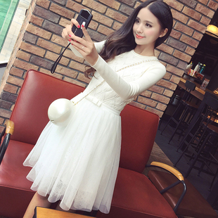 韩国东大门代购2015秋季蕾丝裙中长款修身白色仙女长裙长袖连衣裙