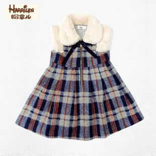 哈拿儿 2015冬装新款儿童裙子 女童格子毛领连衣裙短袖少女 J107
