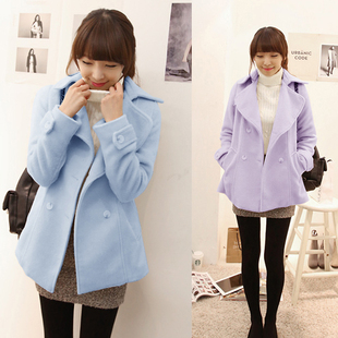 韩版短款呢子外套女长袖2015冬季新款加厚修身休闲双排扣毛呢外套