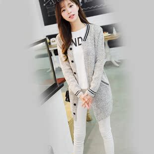 2015新款秋冬韩版女装修身针织衫中长款V领时尚文艺长袖开衫外套