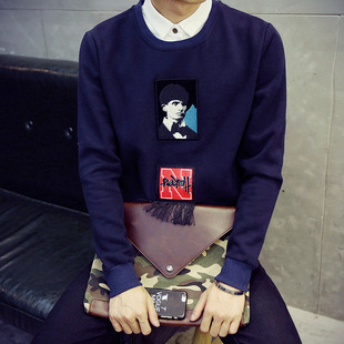 2015冬男韩版个性衬衫领卫衣假两件抓绒加厚时尚创意印花休闲潮搭