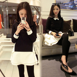 韩国时尚孕妇装 2015秋装新款韩版经典黑白假两件宽松孕妇连衣裙