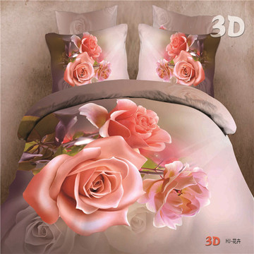 高清3d大版粉玫瑰花4件套夏 5D立体油画四件套春床单被罩床上用品
