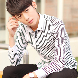 秋季男装长袖衬衫青年时尚潮流寸衫修身韩版条纹男士薄款纯棉衬衣