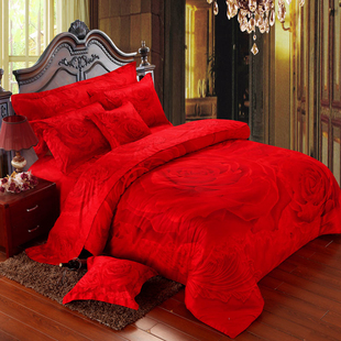 秋冬全棉活性大红婚庆四件套纯棉时尚印花七件套床单被套床上用品