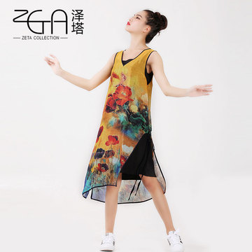 ZETA原创设计夏新款2016丝麻吊带连衣裙不规则中长款宽松30-35岁