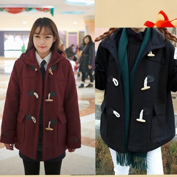 2015女冬新款韩版学生连帽羊毛呢大衣学院风外套加厚加棉牛角扣潮