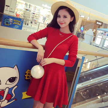 韩国东大门代购2015秋季新品女装裙子修身显瘦长袖针织红色连衣裙