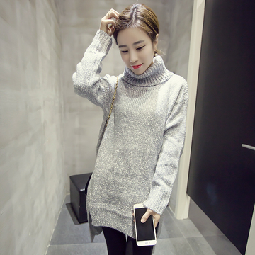 小颖家 2015冬装新款韩版高领长袖套头宽松杂色开叉针织毛衣女潮
