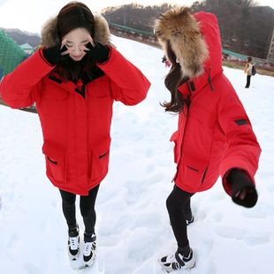 2015韩国秋冬装新连帽时尚棉衣女中长款真毛领羽绒服外套修身显瘦