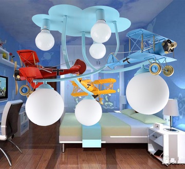 男孩卧室铁艺复古美式乡村飞机吸顶灯具 创意卡通儿童房间LED吊灯