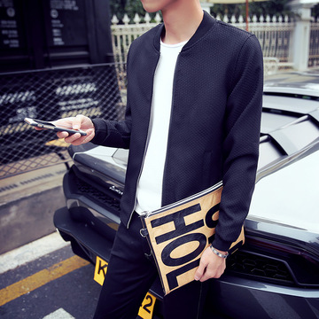2016男士新款外套  韩版修身立领立体纹路纯黑色夹克潮装大码