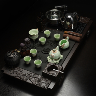 黑檀木茶具套装乌金石组合茶盘四合一电磁炉整套紫砂功夫茶具抽水