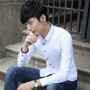 男装夏装大码衬衣韩版秋季商务休闲青年白色寸衫男士修身长袖衬衫
