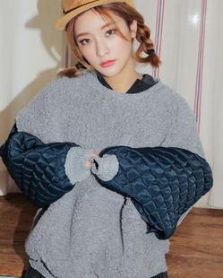 2015韩版冬季新款时尚个性套头羊羔毛拼接菱形棉袖bf风卫衣女潮