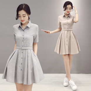 2016年夏季韩版纯色POLO领短袖中长款气质百搭女装连衣裙
