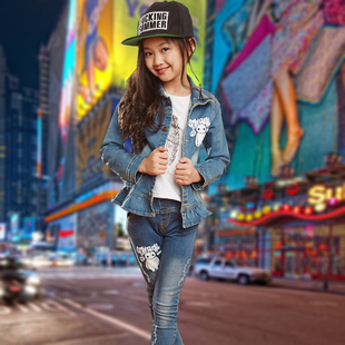 2015上市童装秋季新款韩版大白牛仔套装女童中大童牛仔外套两件套
