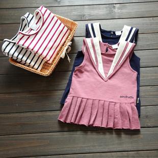 2016秋季新品童装女童长袖条纹T恤海军背心裙2件套套装儿童秋装