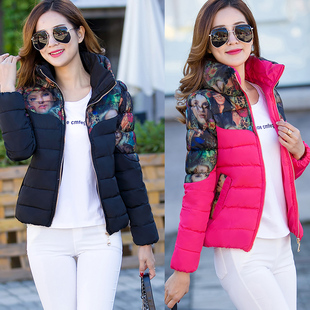 2015冬装新款棉衣 女 短款韩版修身显瘦印花立领加厚棉服大码外套